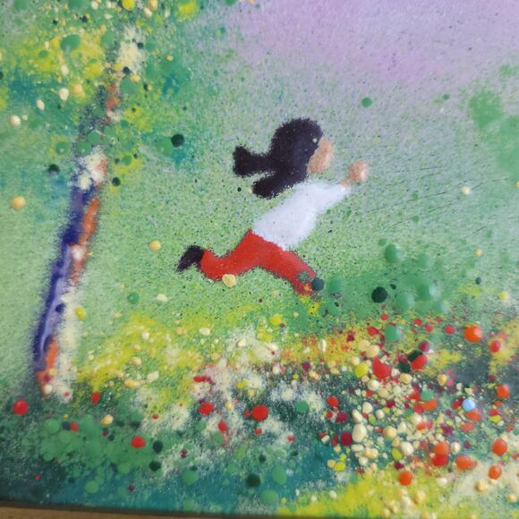 Vintage Framed Enamel on Copper Art Painting Child Flying Red Balloon 14.5x12.5" - Picture 7 of 11